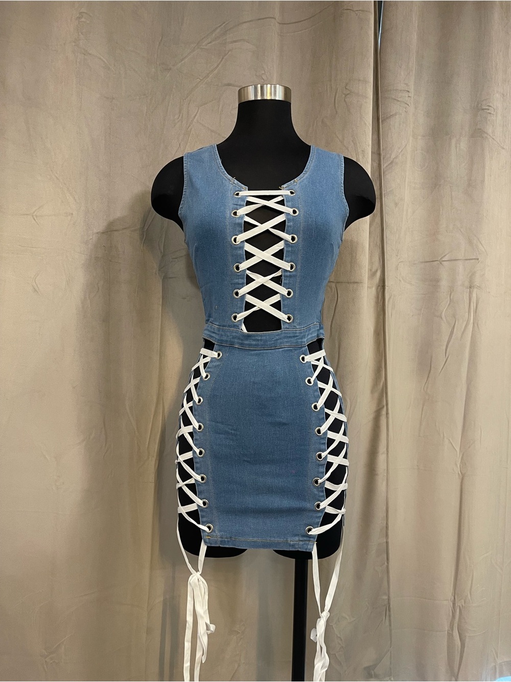 Lace-Up Sleeveless Denim Mini Dress in Light Blue